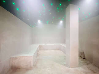 Experience ultimate relaxation in this luxurious spa-like bathroom, featuring a built-in soaking tub and ambient starry ceiling lights.