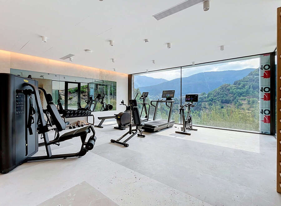 Experience ultimate wellness in this state-of-the-art home gym, featuring top-tier Technogym equipment and breathtaking mountain views.