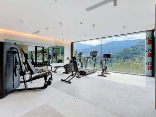 Experience ultimate wellness in this state-of-the-art home gym, featuring top-tier Technogym equipment and breathtaking mountain views.