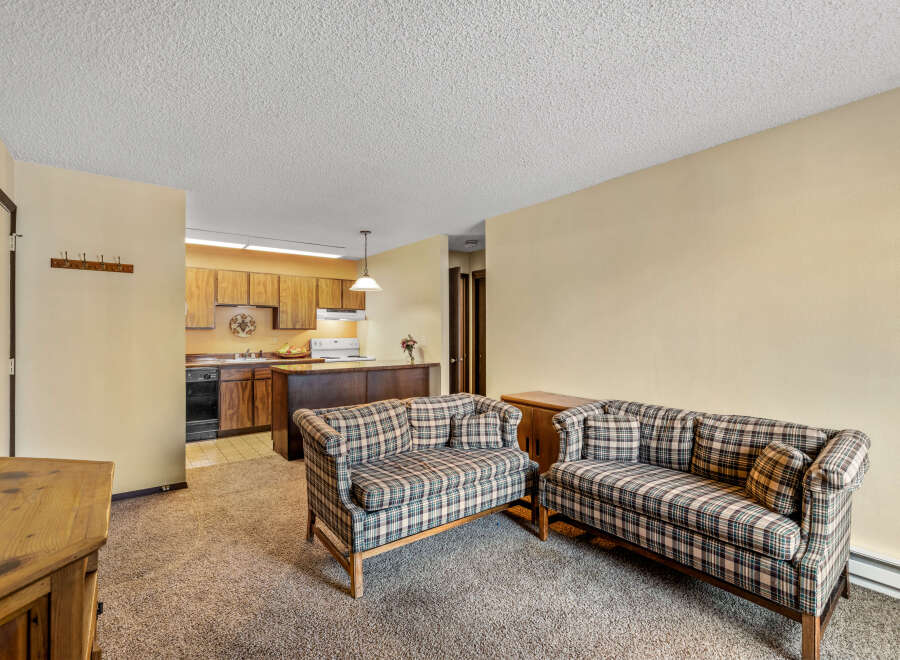 This cozy living space features two plaid sofas, perfect for relaxing.