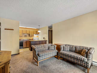 This cozy living space features two plaid sofas, perfect for relaxing.