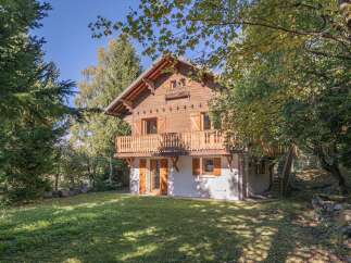 Nestled amidst lush greenery, this charming wooden chalet offers a serene escape.