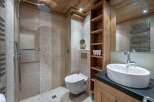 This luxurious bathroom features a stunning combination of natural wood and modern design.