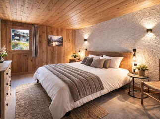 Experience rustic charm in this cozy bedroom! Featuring a wooden ceiling and walls, this space exudes warmth and comfort.