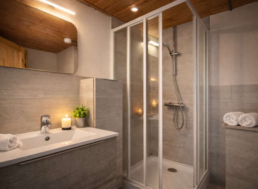 Step into a beautifully designed bathroom featuring a modern shower enclosure and a stylish vanity.