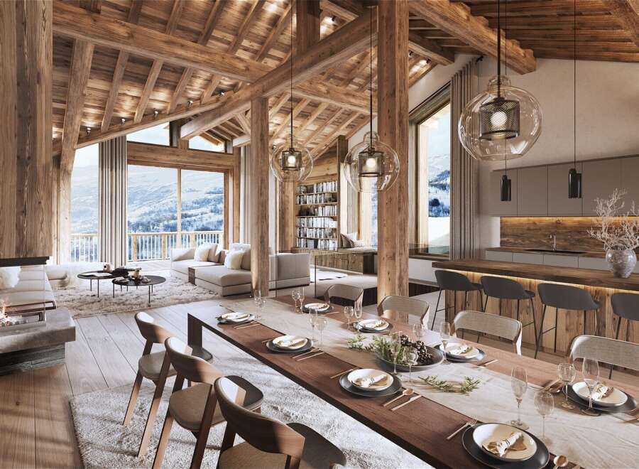 Experience luxury living in this stunning chalet, boasting a warm and inviting interior with exposed wooden beams and a cozy fireplace.