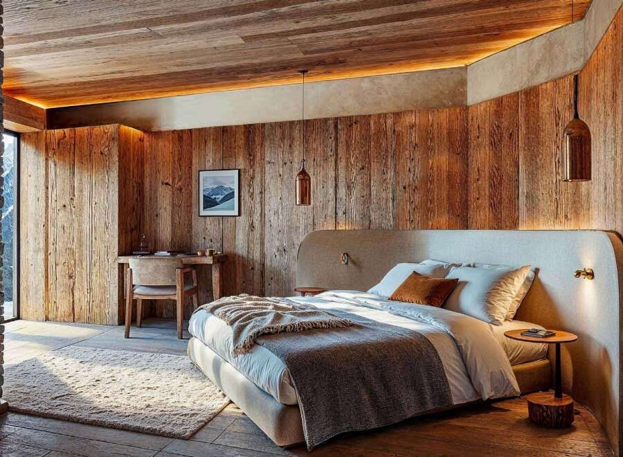 Experience rustic luxury in this stunning bedroom.
