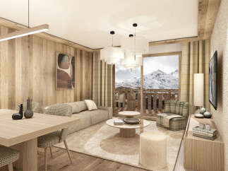 Experience luxurious mountain living in this beautifully appointed living space, featuring a cozy sofa, a stylish armchair, and a modern dining area.