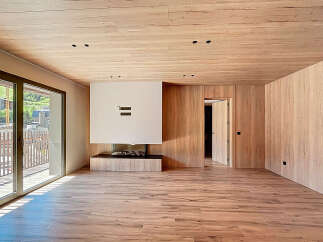 Experience luxury living in this stunning property featuring a modern fireplace and elegant wooden accents throughout.
