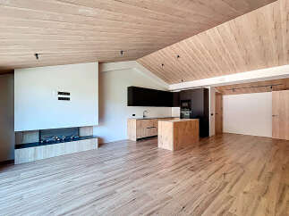 This stunning modern home features a spacious open-concept design with a beautiful kitchen and a cozy fireplace.