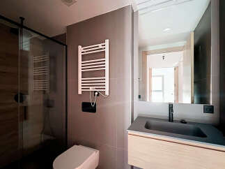 Step into a modern bathroom oasis! This stylish space features a sleek glass shower, a contemporary sink, and a heated towel rack.