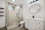 Step into a beautifully designed bathroom featuring a modern glass shower and a stylish vanity.