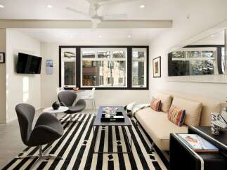 This modern living room boasts a sleek design with a striking black and white striped rug, creating a bold statement.