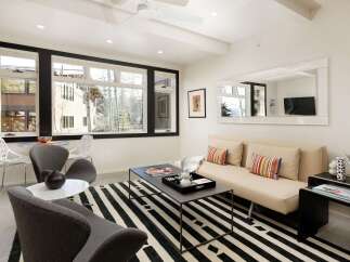 This stunning living room boasts a modern design with a sleek black and white striped rug, creating a bold statement.