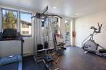 This home gym offers a comprehensive workout space with a treadmill, elliptical machine, and a multi-station weight machine.