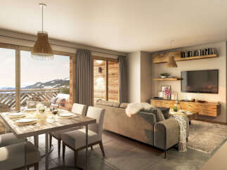 Experience luxury living in this stunning property, featuring a spacious living area with breathtaking mountain views.