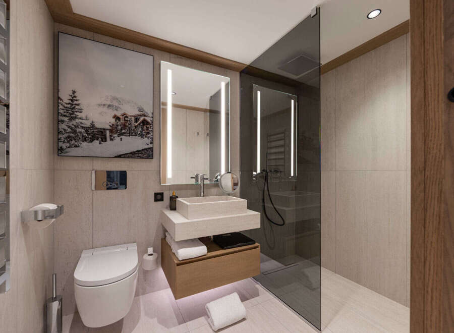Experience luxury living in this stunning bathroom, featuring a modern design and high-end finishes.