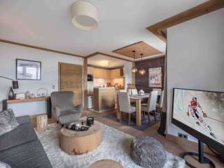 Experience luxury living in this stunning property, featuring a cozy living area with a plush rug and a modern TV.