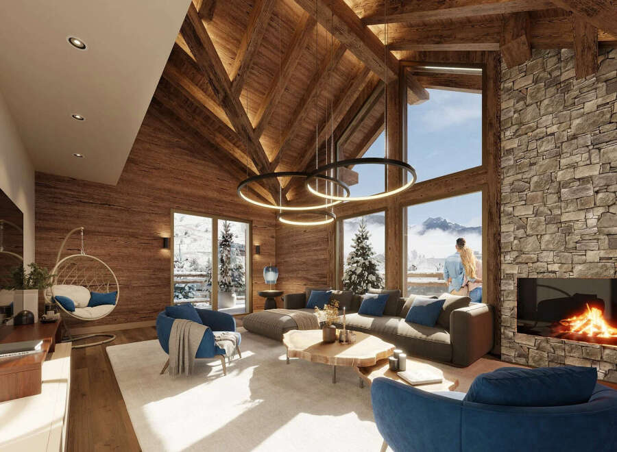 Experience luxury living in this stunning chalet, boasting a cozy fireplace and breathtaking mountain views.