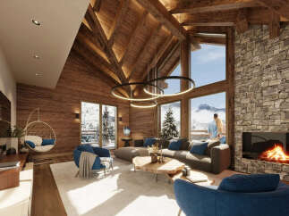 Experience luxury living in this stunning chalet, boasting a cozy fireplace and breathtaking mountain views.