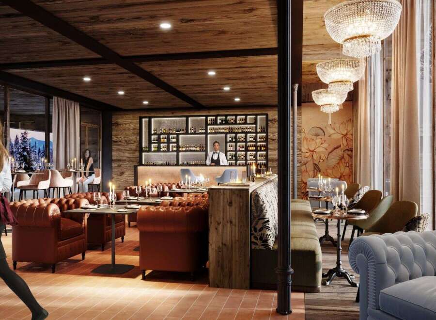 Experience luxury dining at this exquisite restaurant, featuring a sophisticated bar and elegant seating areas.
