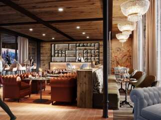 Experience luxury dining at this exquisite restaurant, featuring a sophisticated bar and elegant seating areas.