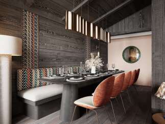 Experience luxury dining in this exquisite property! The dining area features a stylish table setting, complemented by designer chairs and elegant lighting.