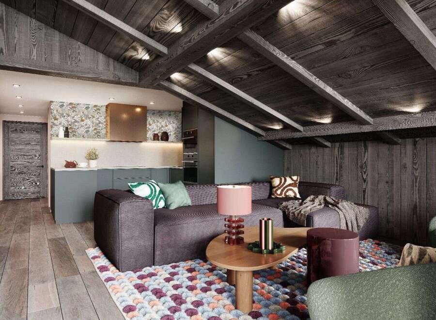 Experience the charm of this stunning property, featuring a cozy living space with a unique wooden ceiling and exposed beams.
