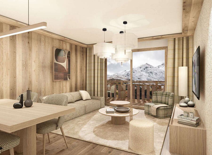 Experience luxurious mountain living in this beautifully appointed living space, featuring warm wood paneling and a cozy, modern aesthetic.
