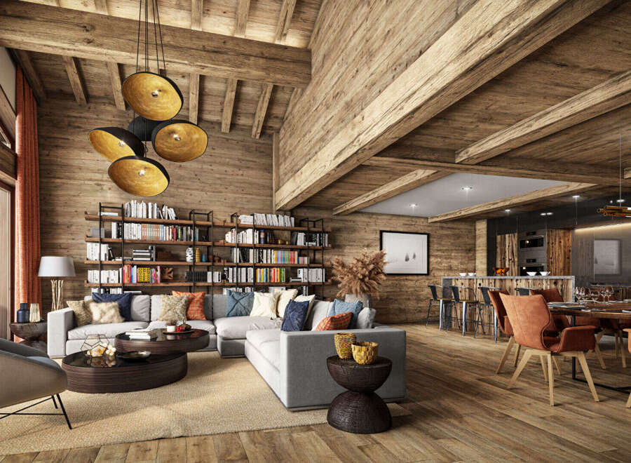 Experience luxury living in this stunning chalet-style home, boasting exquisite wooden interiors and a warm, inviting atmosphere.