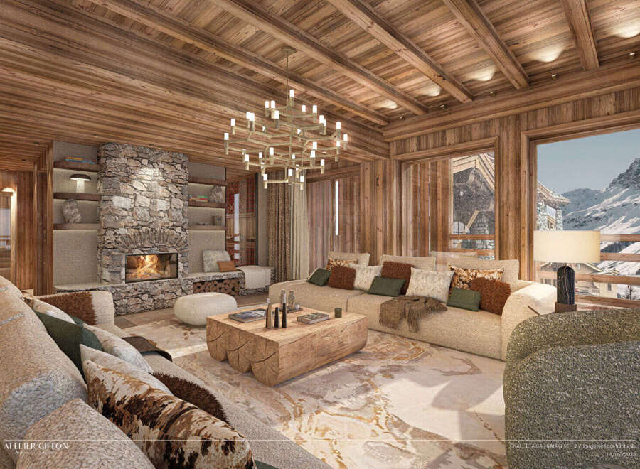 Experience the epitome of luxury living in this stunning chalet, featuring a cozy stone fireplace and a warm, inviting ambiance.