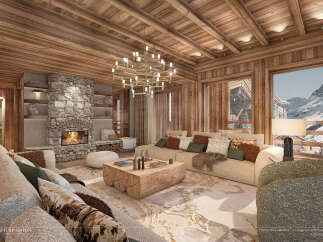 Experience the epitome of luxury living in this stunning chalet, featuring a cozy stone fireplace and a warm, inviting ambiance.