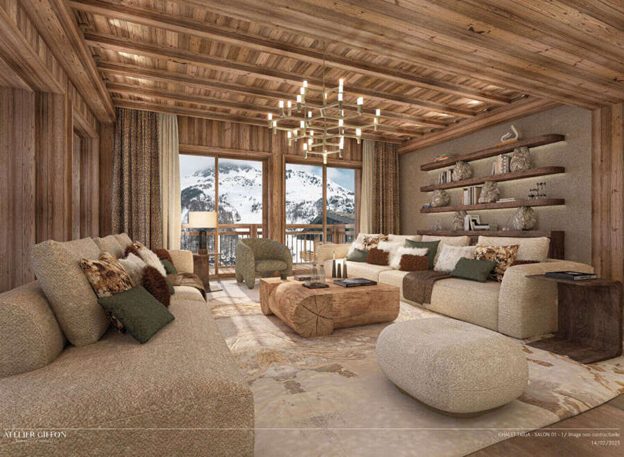 Experience luxury living in this stunning chalet, boasting a cozy living room with a wooden ceiling and large windows offering breathtaking mountain views.