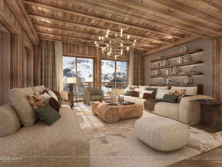 Experience luxury living in this stunning chalet, boasting a cozy living room with a wooden ceiling and large windows offering breathtaking mountain views.