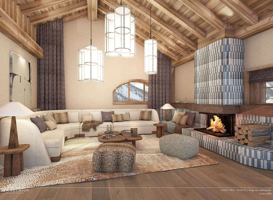 Experience luxury living in this stunning chalet, featuring a cozy fireplace and elegant lighting.