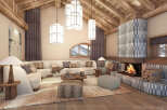 Experience luxury living in this stunning chalet, featuring a cozy fireplace and elegant lighting.
