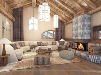Experience luxury living in this stunning chalet, featuring a cozy fireplace and elegant lighting.
