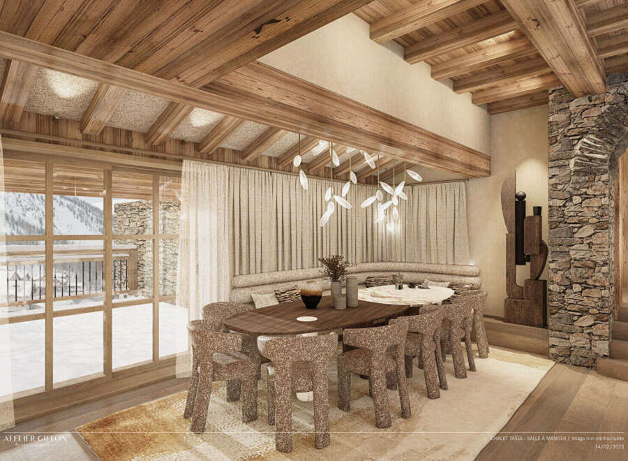 Experience luxury living in this stunning chalet, featuring a spacious dining area perfect for entertaining.