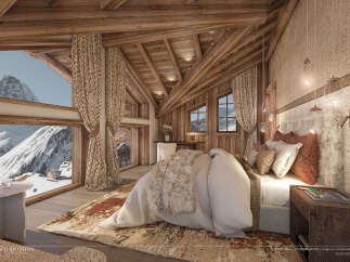 Experience the epitome of luxury in this stunning chalet bedroom, boasting breathtaking mountain views.