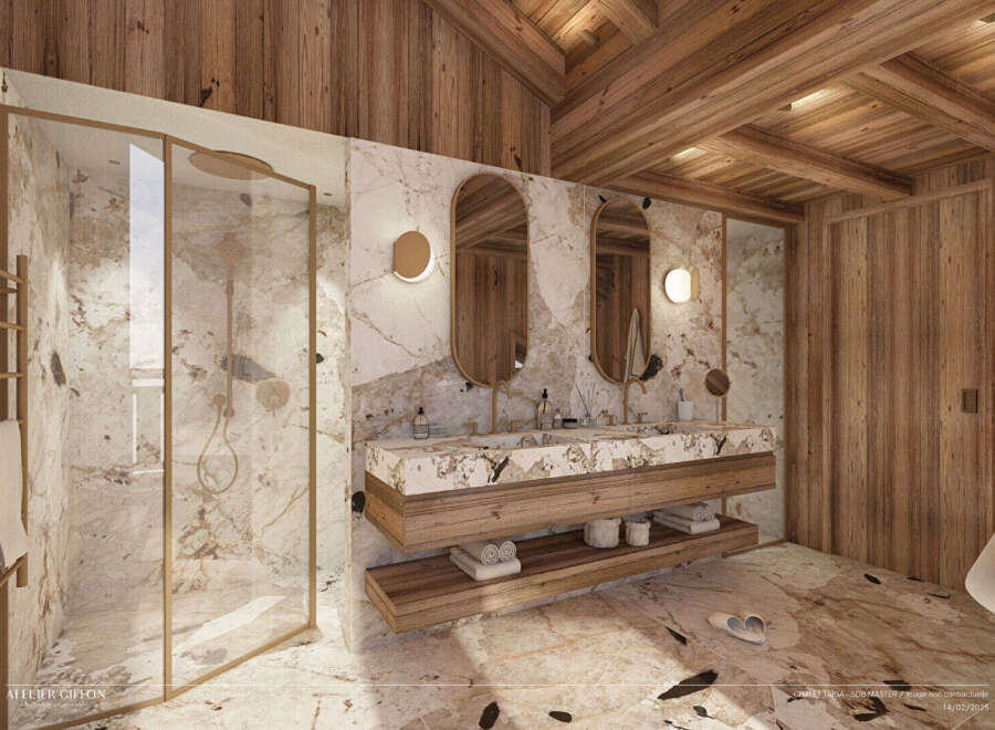 Experience luxury in this stunning bathroom design, featuring exquisite marble accents and warm wooden elements.