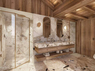 Experience luxury in this stunning bathroom design, featuring exquisite marble accents and warm wooden elements.