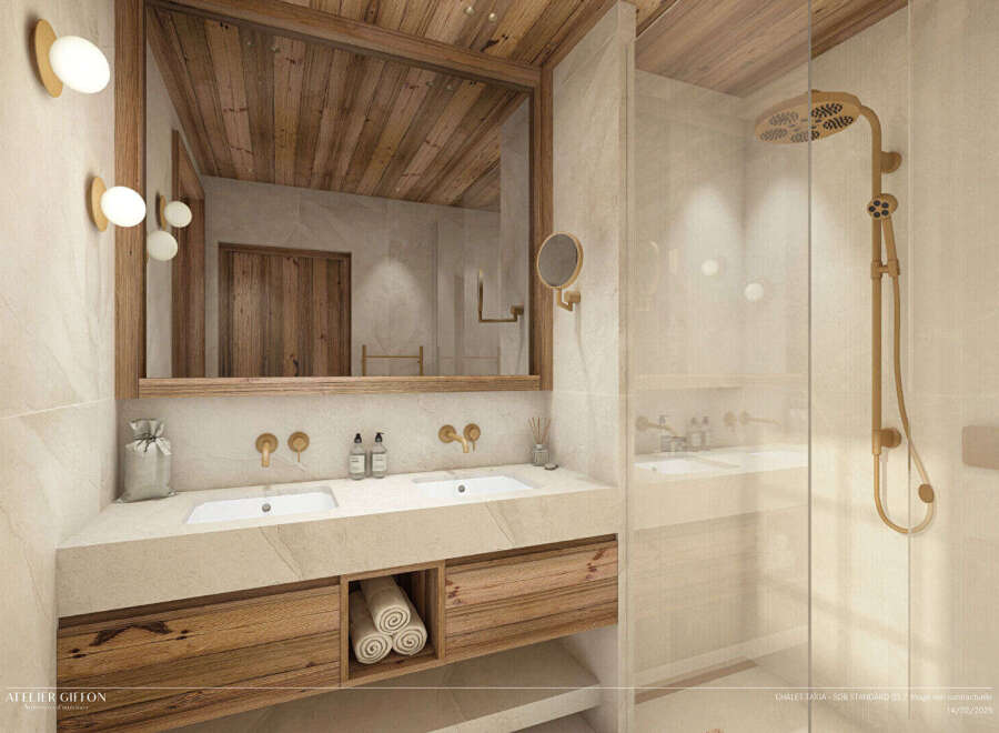 Experience luxury in this stunning bathroom design, featuring a double vanity with wooden cabinetry and a large mirror that reflects the natural light.