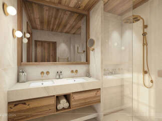 Experience luxury in this stunning bathroom design, featuring a double vanity with wooden cabinetry and a large mirror that reflects the natural light.