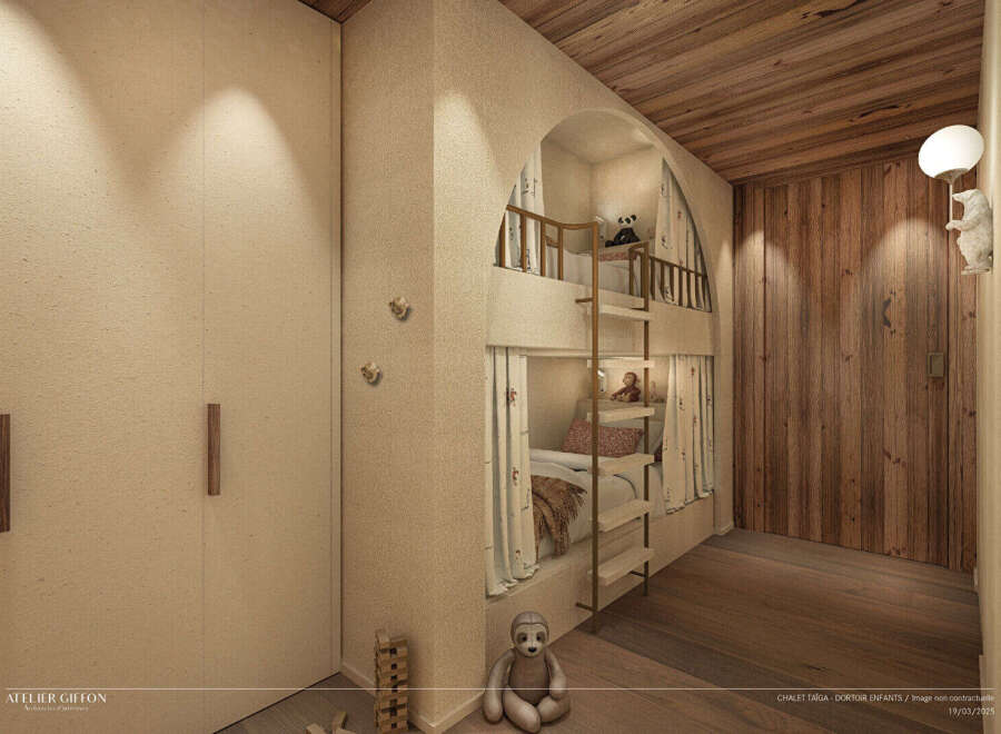 Discover the charm of this cozy children's bedroom, featuring custom-built bunk beds with a playful design.