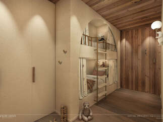 Discover the charm of this cozy children's bedroom, featuring custom-built bunk beds with a playful design.