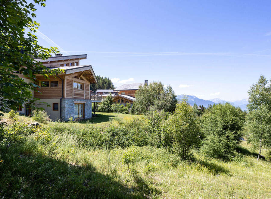 Experience breathtaking mountain views from this stunning wooden chalet, nestled amidst lush greenery.