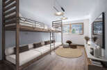 This modern bedroom features a unique bunk bed design with a comfortable sofa on the lower level, perfect for relaxation.