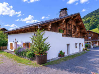 Charming alpine chalet featuring traditional wooden architecture and a bright white facade, nestled against a lush green mountainside.