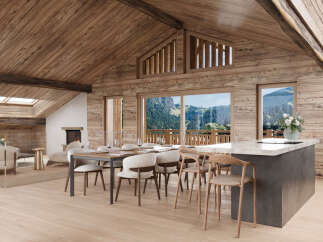Experience luxury living in this stunning chalet, featuring a spacious open-plan design with exposed wooden beams and a breathtaking mountain view.
