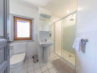 This bright and airy bathroom features a modern shower, a pedestal sink, and a toilet.